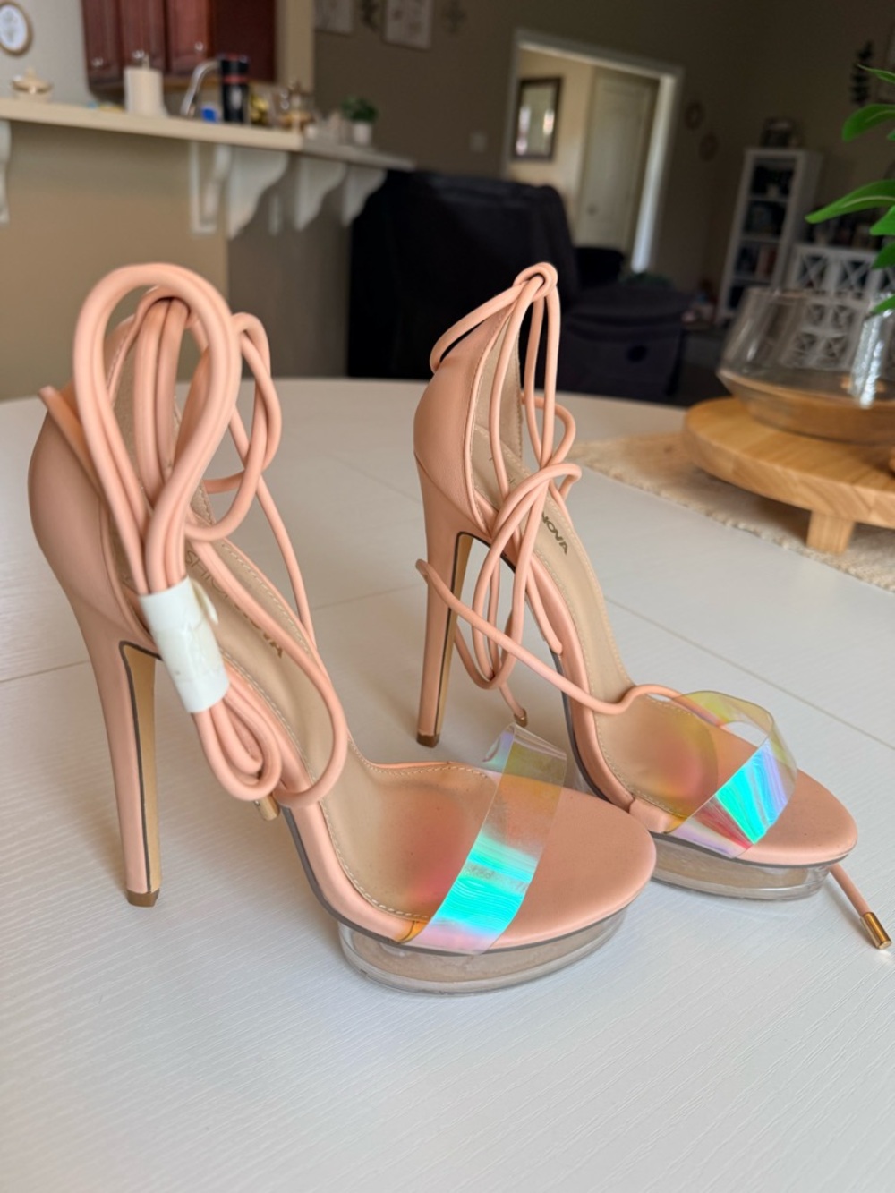Peach Lace-Up Stiletto Heels with Iridescent Strap
